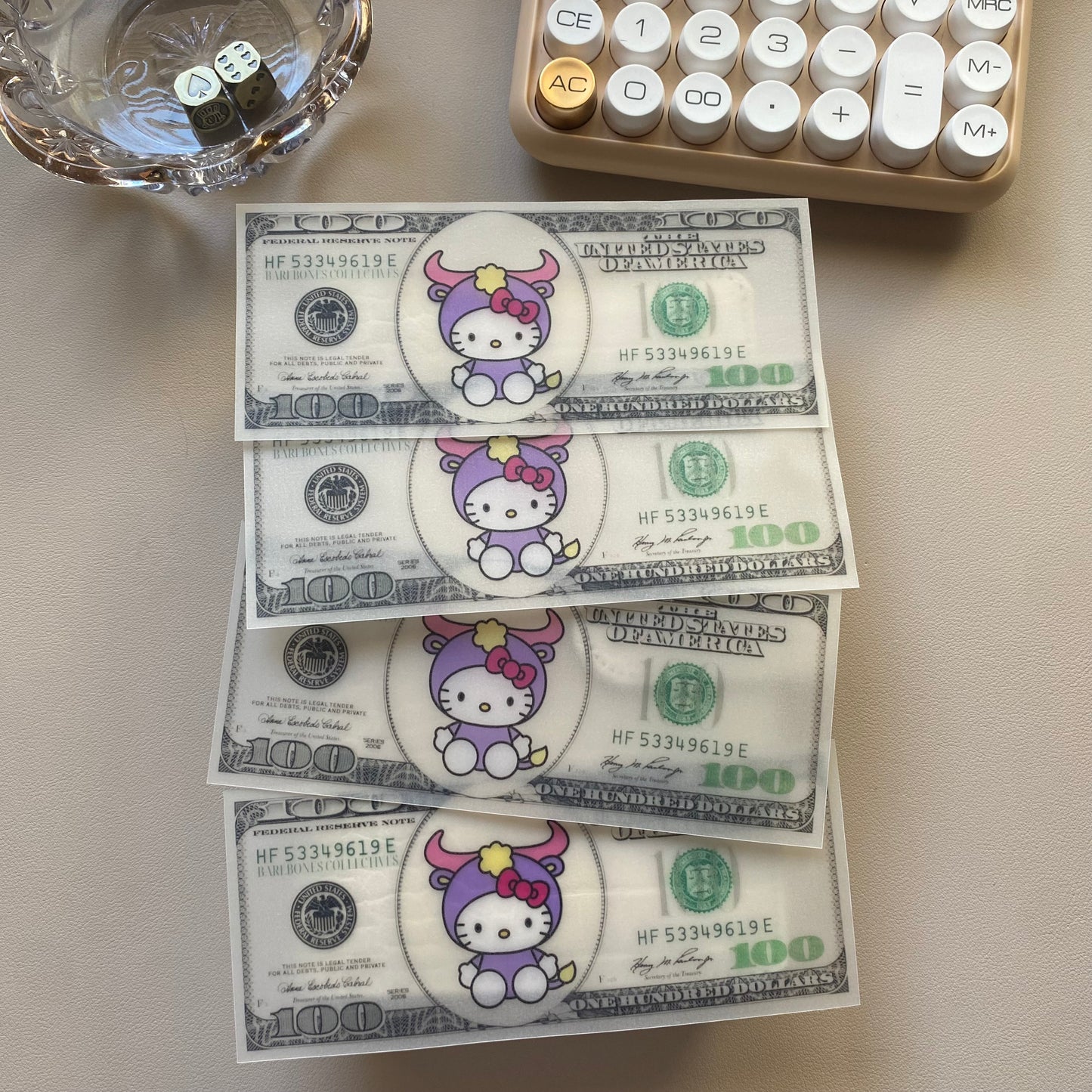 Hello Kitty Taurus zodiac sign Set of 4 Cash Place Holders $100 dollar bill
