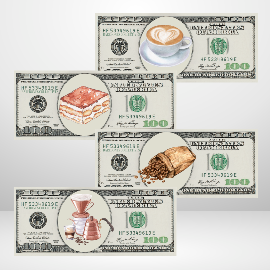 Coffee Lover Cash Place Holders $100 Sets of 4