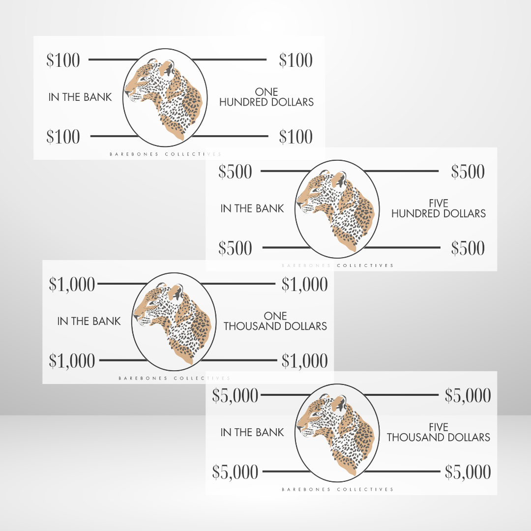 Leopard Cash Place Holders $100-$5,000 Sets of 4