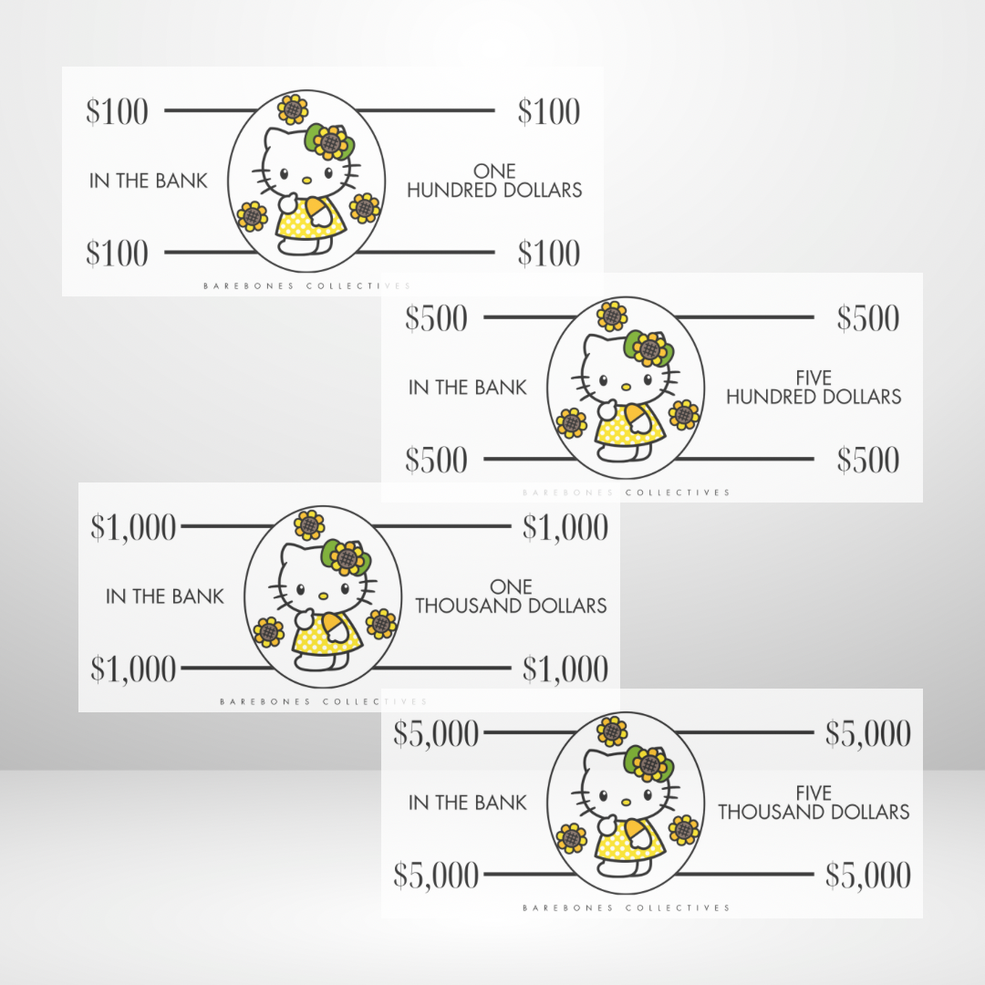 Sunflower Hello Kitty Cash Place Holders $100-$5,000 Sets of 4