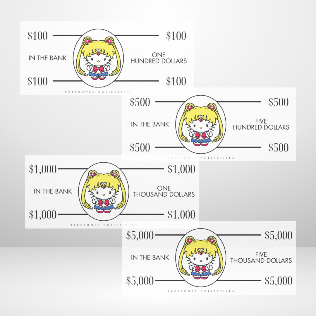 Sailor Moon + Hello Kitty Cash Place Holders $100-$5,000 Sets of 4