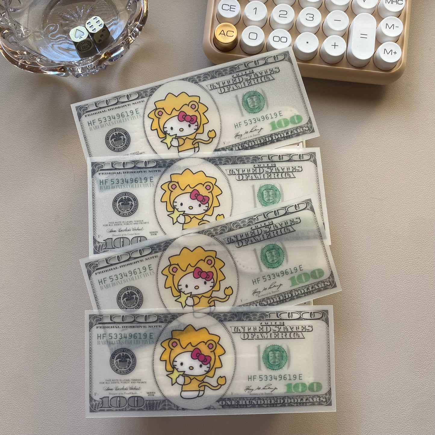 Hello Kitty Leo zodiac sign Set of 4 Cash Place Holders $100 dollar bill