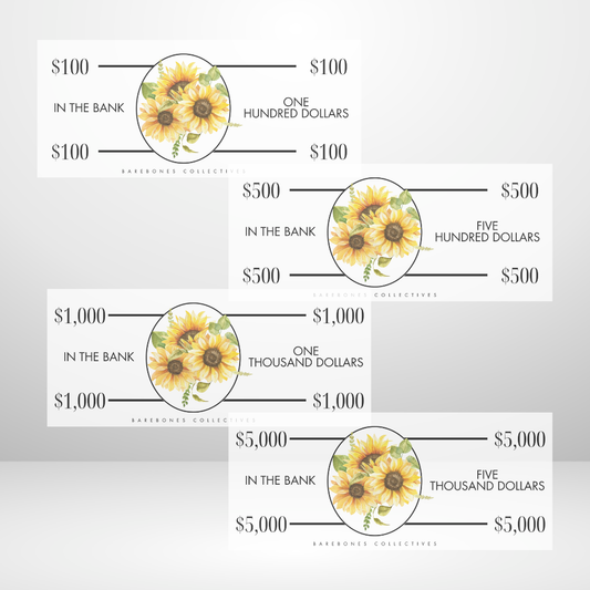 Sunflowers Cash Place Holders $100-$5,000 Sets of 4