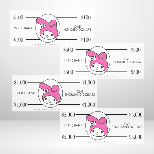 Melody Cash Place Holders $100-$5,000 Sets of 4