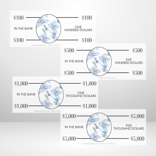 Blue Petals Cash Place Holders $100-$5,000 Sets of 4