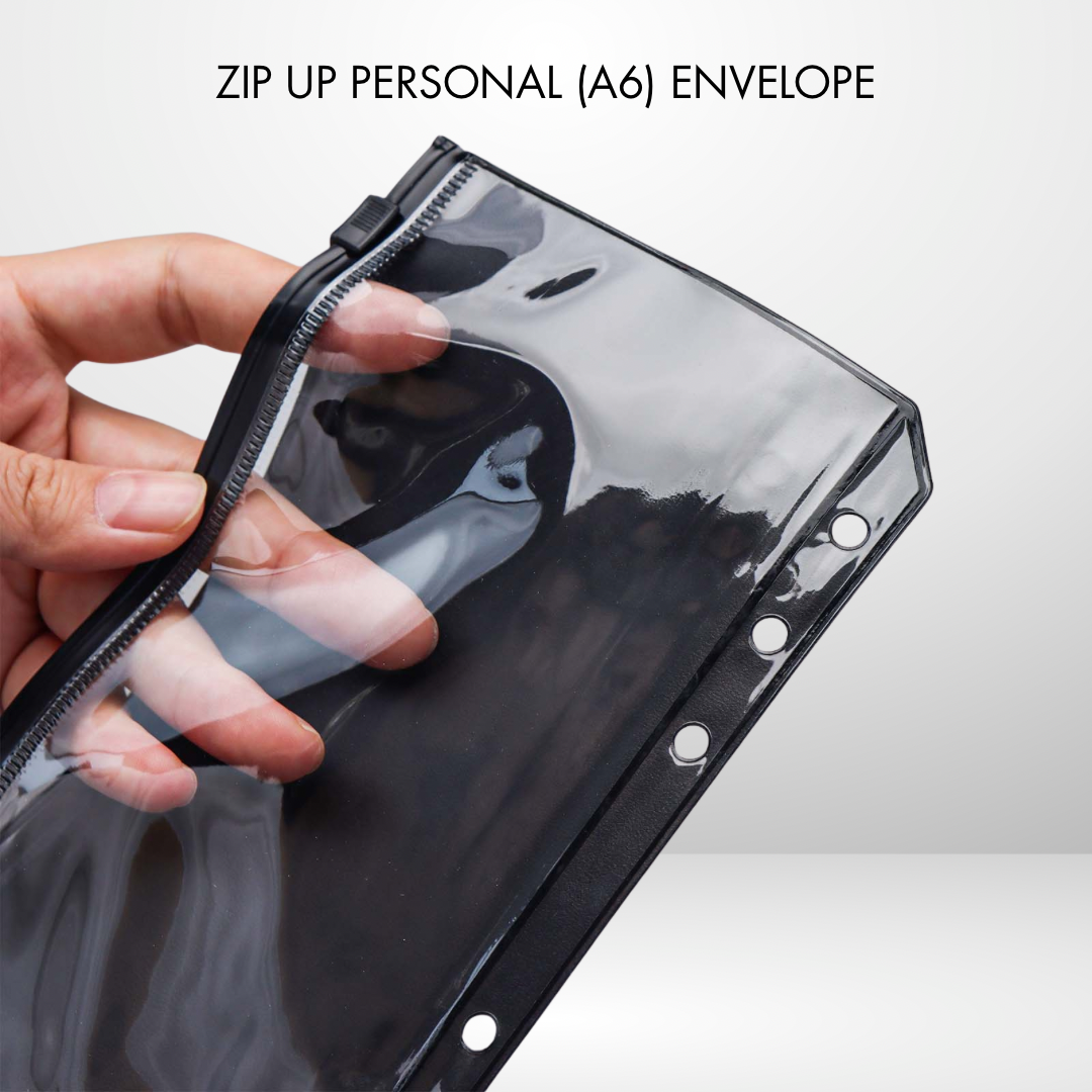 Zip Up Side Loading Personal Size Noir Cash Envelopes Set of 6
