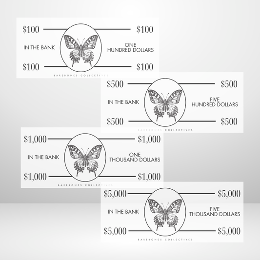 Barebones Butterfly Cash Place Holders $100-$5,000 Set of 4