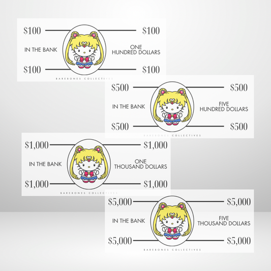 Sailor Moon + Hello Kitty Cash Place Holders $100-$5,000 Sets of 4